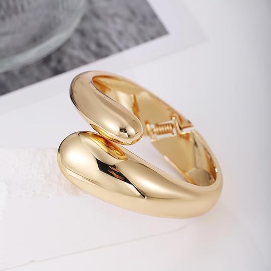 Gold Polished Chunky Twisted Hinged Waterdrop Bangle Bracelet for Women Spiraled Oval Bangle Bracelet