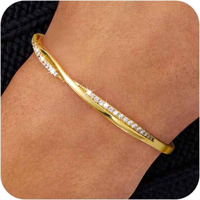 Gold Cuff Bracelets for Women Trendy, 14k Gold Plated/Silver Bangle Bracelets for Women Dainty Gold Bangles Cubic Zirconia Adjustable Wave Bracelet Fashion Jewelry Gift for Women Teen Girl
