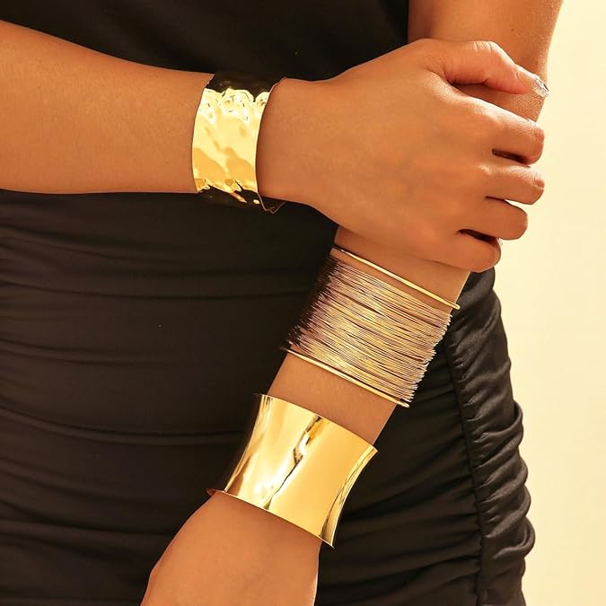 3PCS Gold Chunky Cuff Bracelets for Women Irregular Minimalist Statement Bangle Bracelets Set Open Wide Bangle Arm Cuff Upper Arm Punk Jewelry