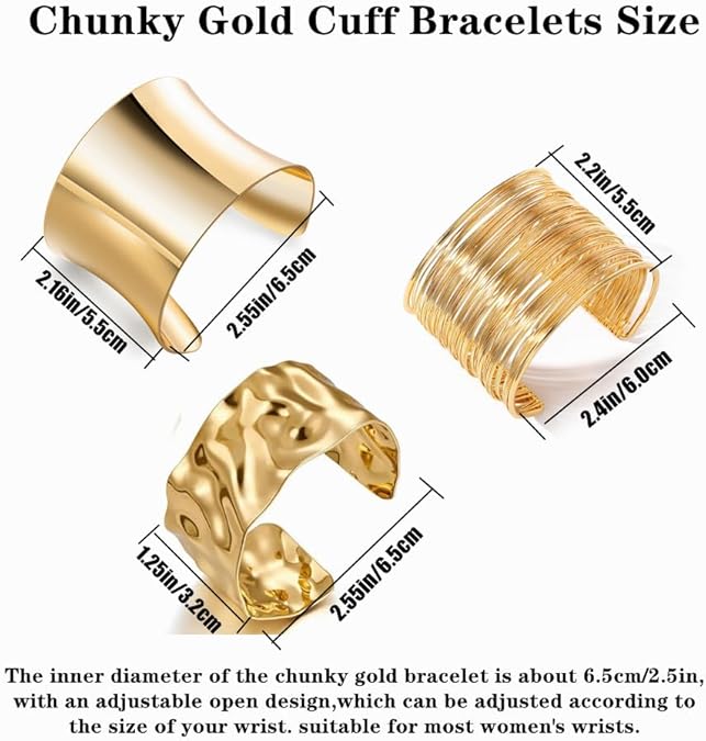 3PCS Gold Chunky Cuff Bracelets for Women Irregular Minimalist Statement Bangle Bracelets Set Open Wide Bangle Arm Cuff Upper Arm Punk Jewelry