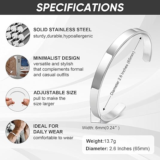 Stainless Steel Mens Cuff Bracelet : Minimal Cool Antique Retro/Silver/Black Open Metal Cuff Bangle Bracelets for Men Boy,65mm,