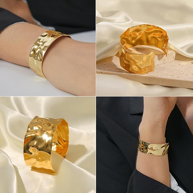Hammered Chunky Cuff Bracelets for Women Vintage Boho Wide Bangle Bracelets Irregular Statement Bracelet Thick Arm Cuff Gold Silver Bracelet
