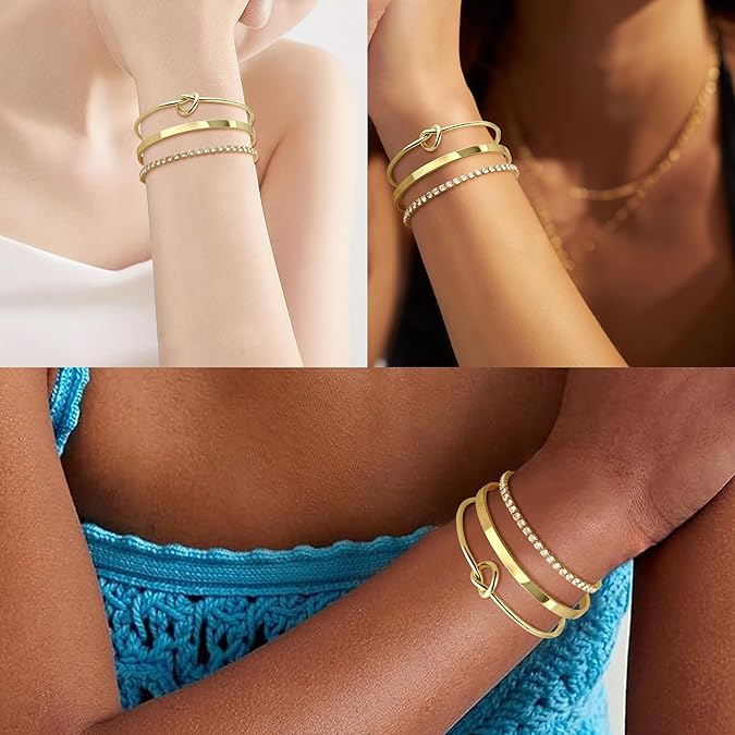 Gold Bangle Cuff Knot Bracelet for Women Stack Non Tarnish 14k Gold Plated Dainty Cubic Zirconia Tennis Bracelets Jewelry Set for Women Trendy