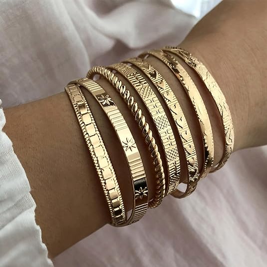 Gold Bangle Bracelets For Women, 14k Gold Plated Multi Layer Stackable Cuff Bracelet Set, Trendy Elegance Charms Non Tarnish Minimalist Textured Boho Jewelry Gift for Women