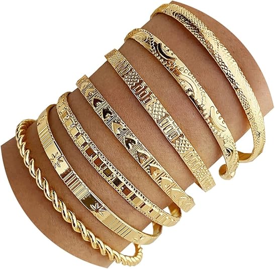 Gold Bangle Bracelets For Women, 14k Gold Plated Multi Layer Stackable Cuff Bracelet Set, Trendy Elegance Charms Non Tarnish Minimalist Textured Boho Jewelry Gift for Women