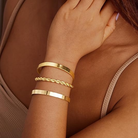 Gold Bracelets for Women Non Tarnish Dainty 14K Real Gold Plated Bangle Cuff Bracelets Stack for Women,Waterproof Stackable Bracelet Gold Jewelry Trendy Gifts Adjustable