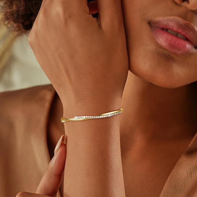 Gold Cuff Bracelets for Women Trendy, 14k Gold Plated/Silver Bangle Bracelets for Women Dainty Gold Bangles Cubic Zirconia Adjustable Wave Bracelet Fashion Jewelry Gift for Women Teen Girl