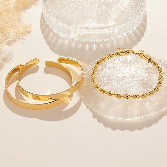 Gold Bracelets for Women Non Tarnish Dainty 14K Real Gold Plated Bangle Cuff Bracelets Stack for Women,Waterproof Stackable Bracelet Gold Jewelry Trendy Gifts Adjustable