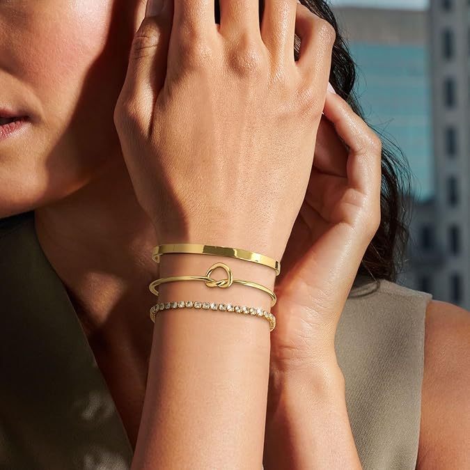 Gold Bangle Cuff Knot Bracelet for Women Stack Non Tarnish 14k Gold Plated Dainty Cubic Zirconia Tennis Bracelets Jewelry Set for Women Trendy