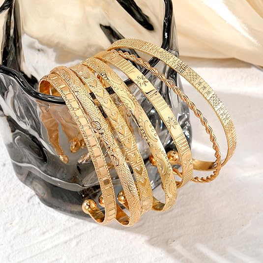 Gold Bangle Bracelets For Women, 14k Gold Plated Multi Layer Stackable Cuff Bracelet Set, Trendy Elegance Charms Non Tarnish Minimalist Textured Boho Jewelry Gift for Women