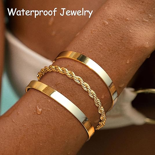 Gold Bracelets for Women Non Tarnish Dainty 14K Real Gold Plated Bangle Cuff Bracelets Stack for Women,Waterproof Stackable Bracelet Gold Jewelry Trendy Gifts Adjustable