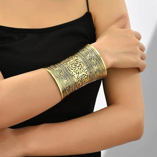 2 PCS Cuff Bracelets for Women Vintage Ethnic Wide Open Chunky Gold Silver Wrist Cuff Warp Bracelets for Cosplay or Belly Dance