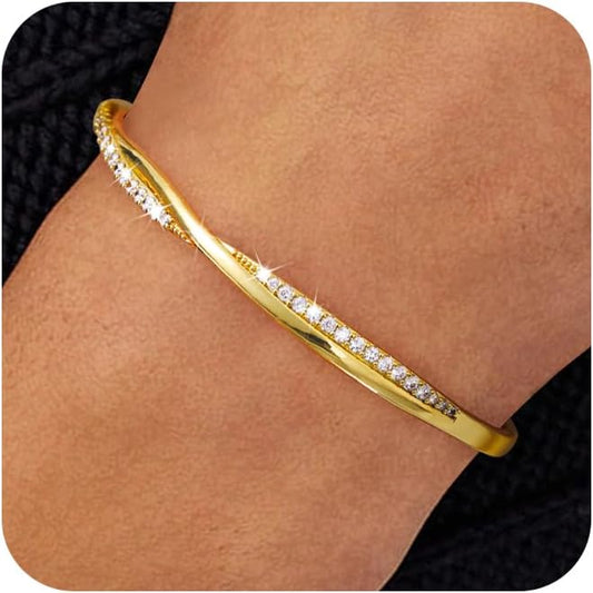 Gold Cuff Bracelets for Women Trendy, 14k Gold Plated/Silver Bangle Bracelets for Women Dainty Gold Bangles Cubic Zirconia Adjustable Wave Bracelet Fashion Jewelry Gift for Women Teen Girl