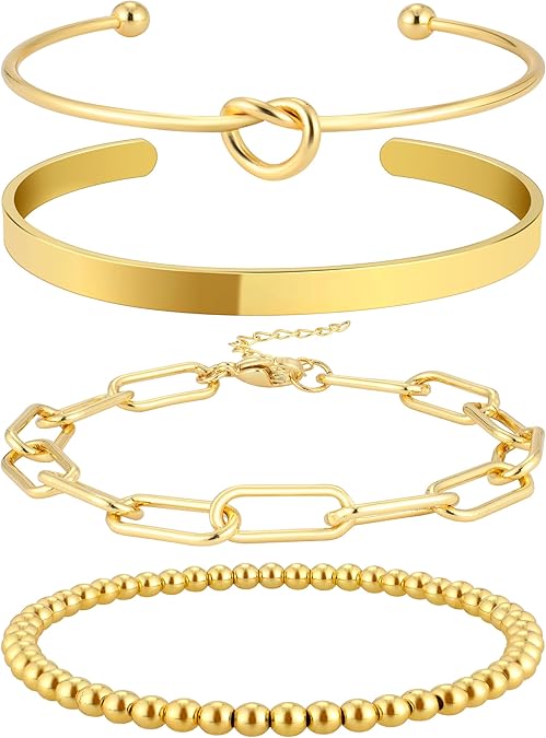 14K Gold Plated Bangle Cuff Bracelets for Women Non Tarnish Gold Bracelet Stack Jewelry Set for Women Trendy