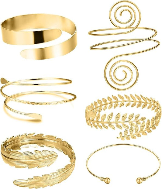 6 Pieces Arm Cuff Upper Arm Band Cuff Bracelet Bangle for Women Silver Gold Adjustable Armband Set