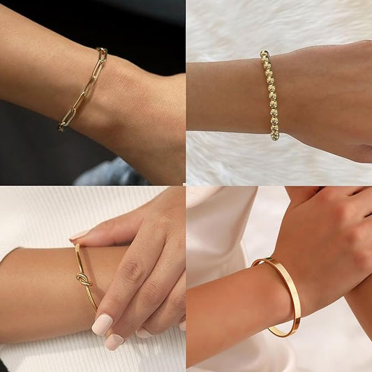 14K Gold Plated Bangle Cuff Bracelets for Women Non Tarnish Gold Bracelet Stack Jewelry Set for Women Trendy