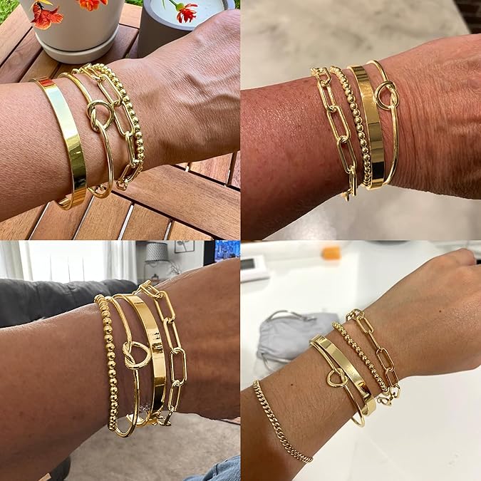 14K Gold Plated Bangle Cuff Bracelets for Women Non Tarnish Gold Bracelet Stack Jewelry Set for Women Trendy