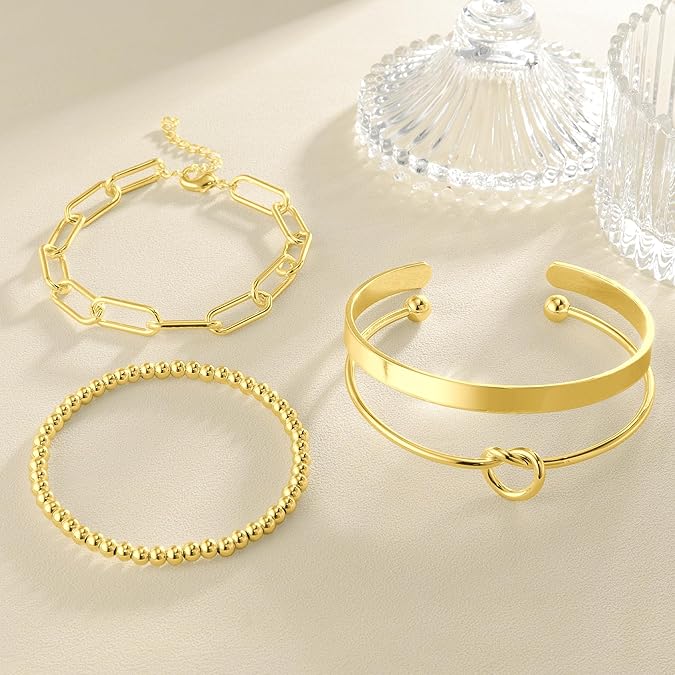 14K Gold Plated Bangle Cuff Bracelets for Women Non Tarnish Gold Bracelet Stack Jewelry Set for Women Trendy